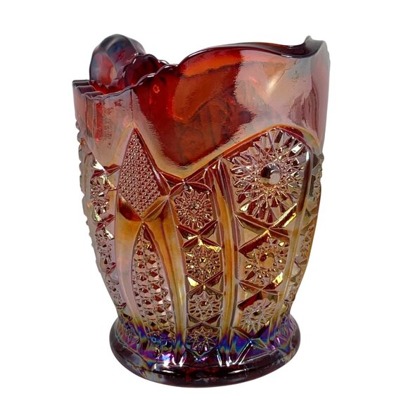 Red Iridescent Carnival Glass Creamer Daisy & Button Pattern Scalloped Rim VTG - Picture 2 of 8